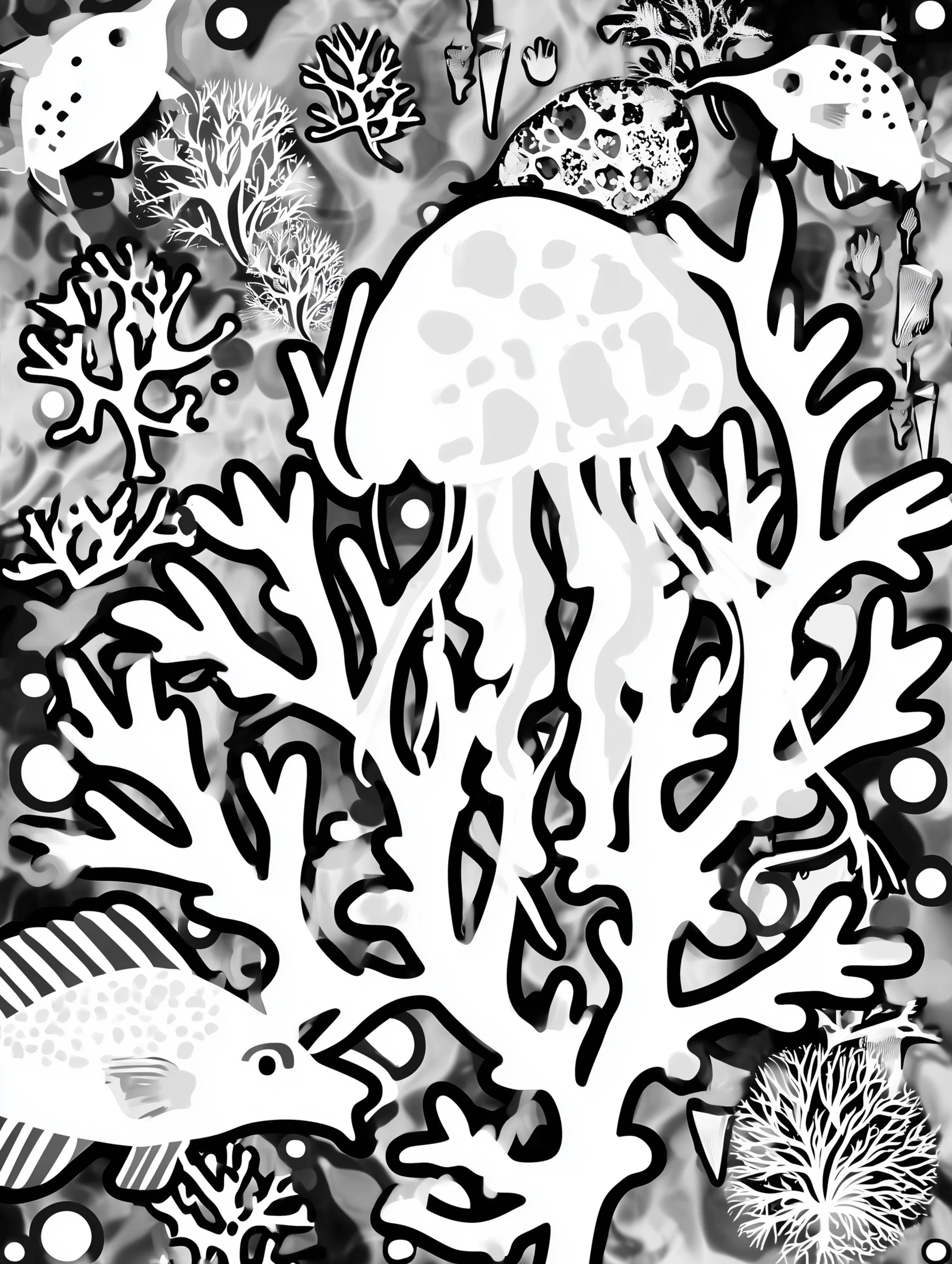 Free printable jellyfish coloring page for adults featuring jellyfish among wide flowing seaweed